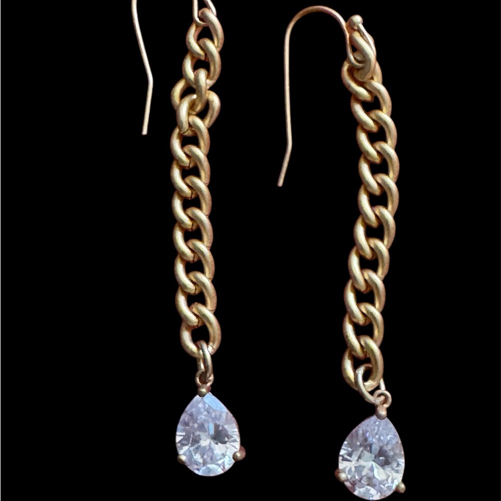 Chico’s Elegant Gold Plated Chain Drop Earrings with Genuine Crystal Accents